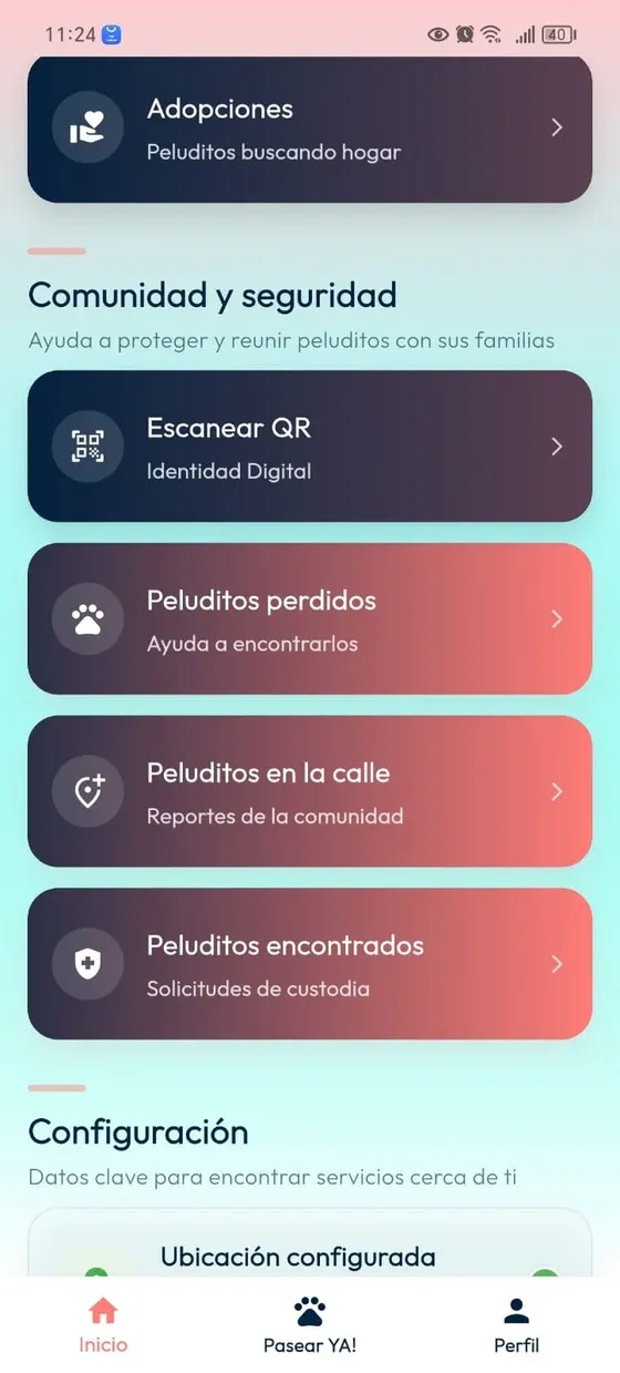 Home de DoGGyPetPal con la sección Comunidad y seguridad y el acceso Peluditos perdidos.
