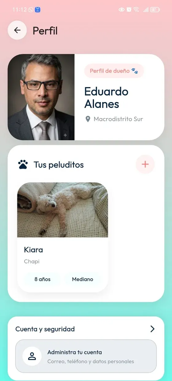 Perfil del Dueño con la sección Tus peluditos y la tarjeta de un peludito.