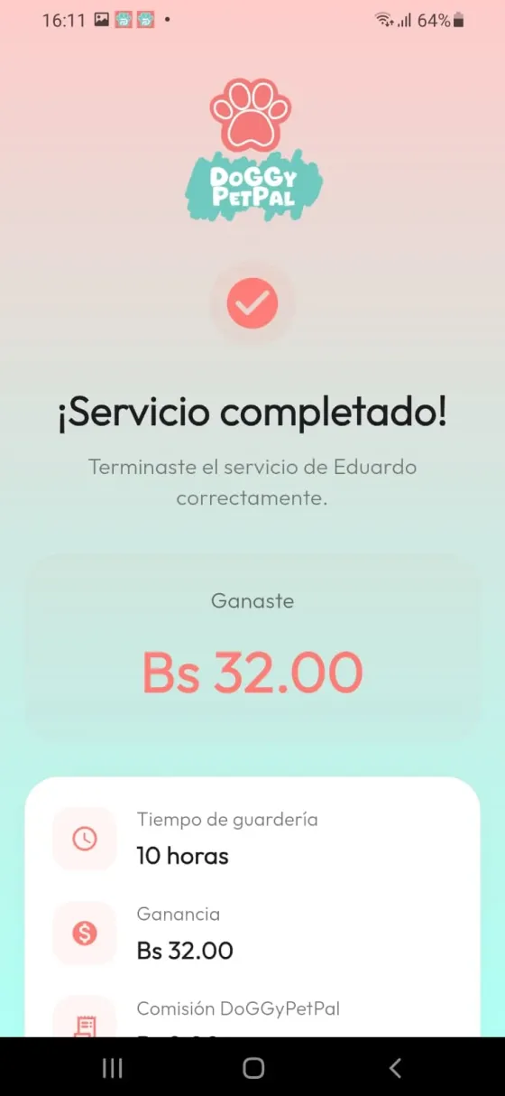Servicio completado con el resumen del servicio y la ganancia del ejemplo.