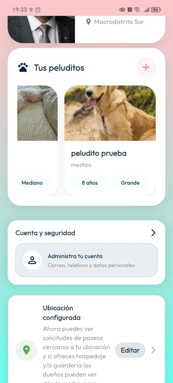 Sección Tus peluditos con la tarjeta del peludito que se dará en adopción.