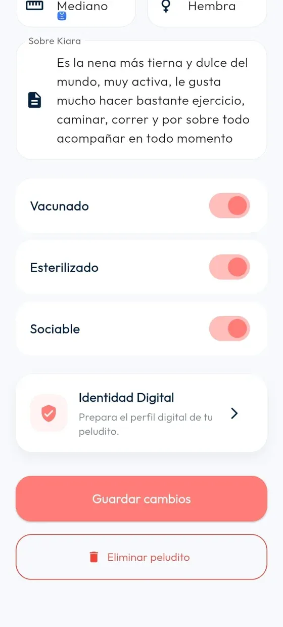 Parte inferior de la ficha del peludito con la opción Identidad Digital.