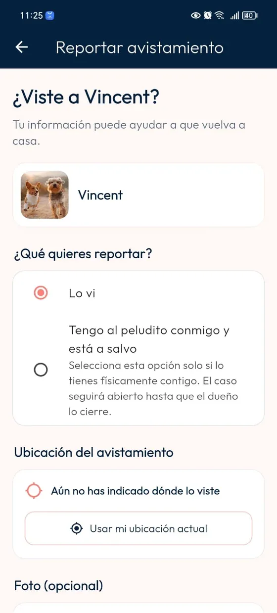Formulario Reportar avistamiento con las opciones Lo vi y Tengo al peludito conmigo y está a salvo.