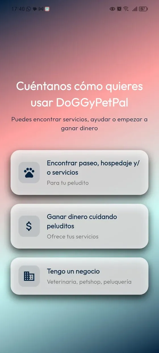 Selector de uso de DoGGyPetPal con la opción Encontrar paseo, hospedaje y/o servicios.