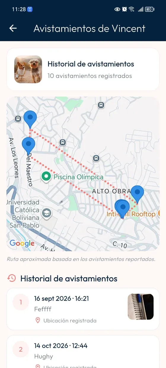 Mapa con puntos de avistamientos, ruta aproximada e inicio del historial de registros.