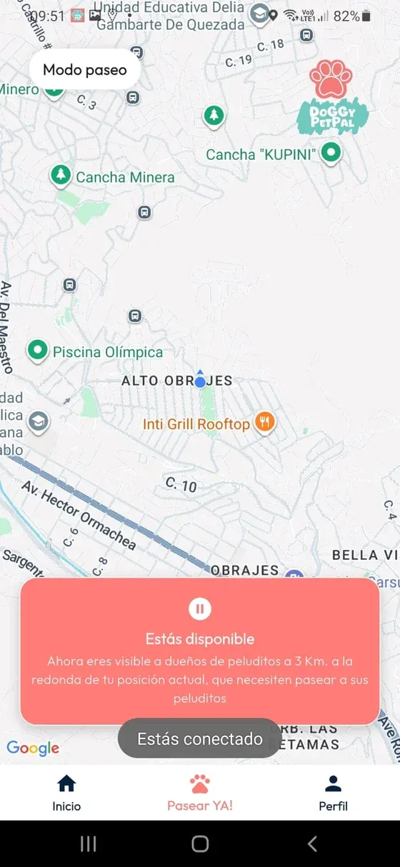 Pasear YA en modo disponible para recibir solicitudes inmediatas.