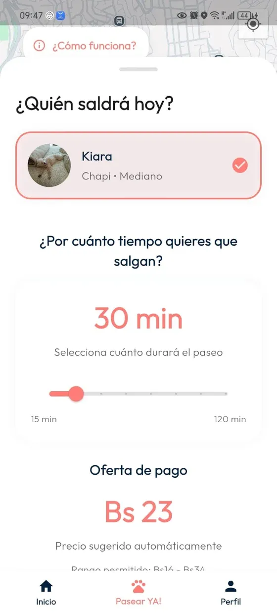 Pasear YA: selección del peludito, duración mediante deslizador y oferta de pago.