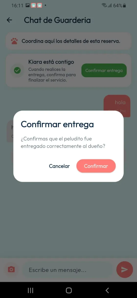 Diálogo Confirmar entrega que pregunta si el peludito fue entregado al Dueño, con Cancelar y Confirmar.
