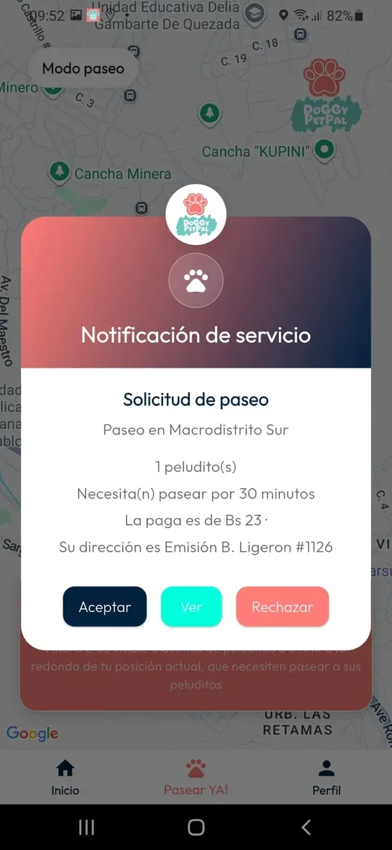 Aviso Solicitud de paseo con resumen y botones Aceptar, Ver y Rechazar.
