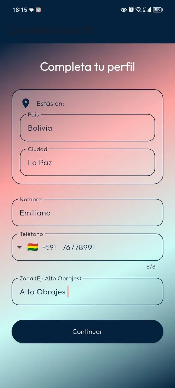Información inicial de PetPal: país, ciudad, nombre, teléfono y zona, con botón Continuar.