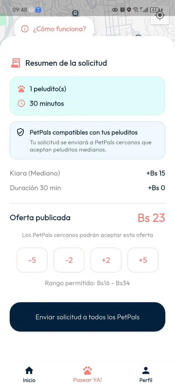 Pasear YA: resumen con compatibilidad, ajuste de oferta y botón Enviar solicitud a todos los PetPals.