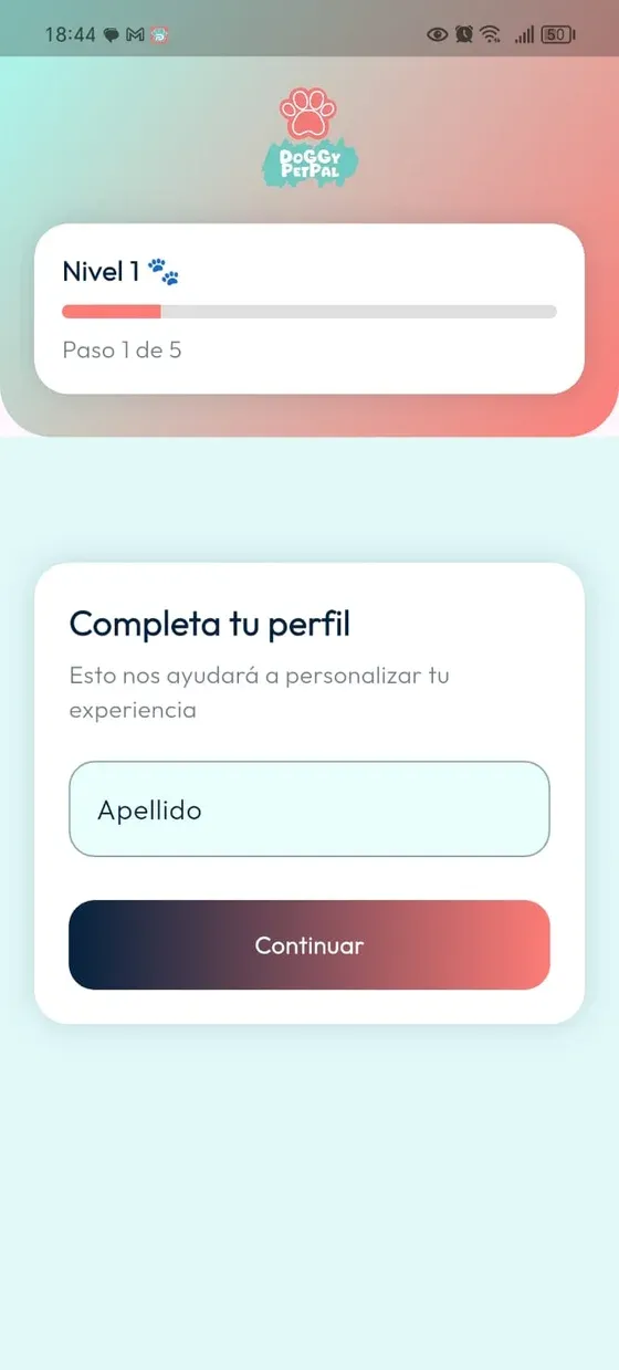 Onboarding PetPal, paso 1 de 5: Completa tu perfil con el campo Apellido.