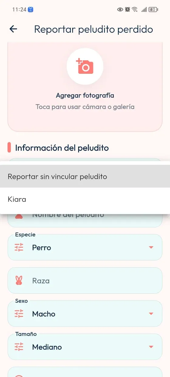 Selector con un peludito registrado y la opción Reportar sin vincular peludito.