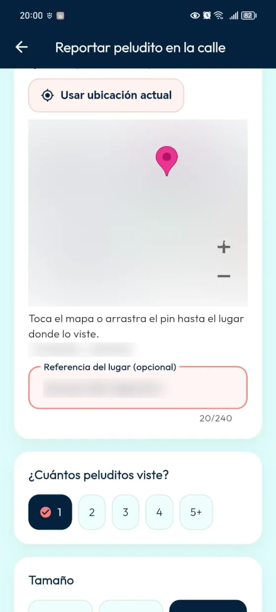 Selección de ubicación con marcador, controles del mapa y campo Referencia del lugar; datos geográficos ocultos.