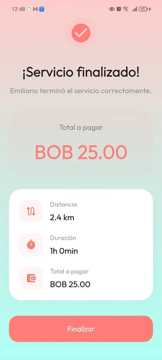 Resultado Servicio finalizado con total a pagar, distancia, duración y botón Finalizar.