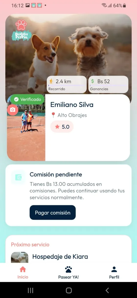 Home del PetPal con aviso Comisión pendiente y botón Pagar comisión.