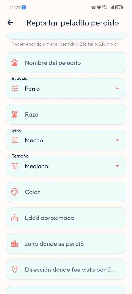 Campos de nombre, especie, raza, sexo, tamaño, color, edad aproximada, zona y dirección del peludito perdido.