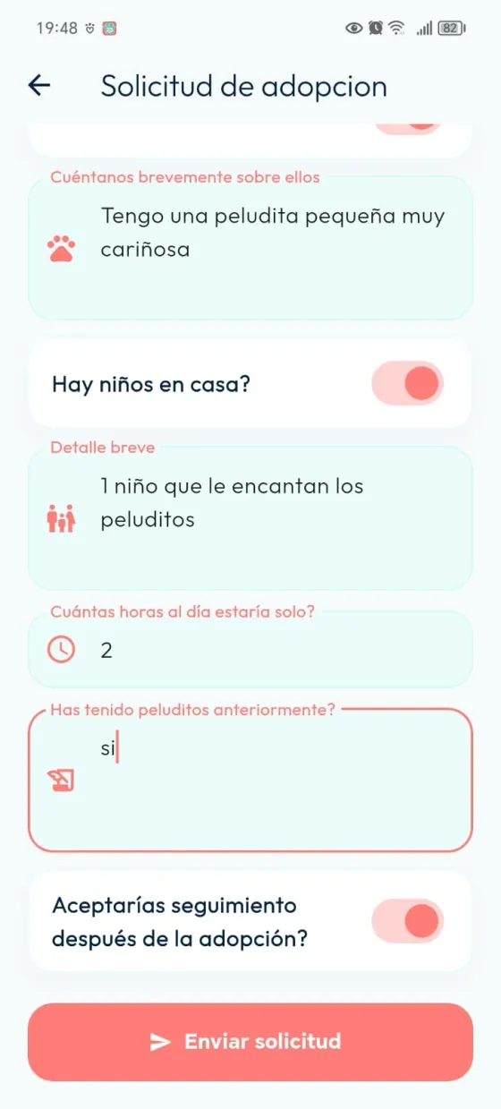 Parte inferior del formulario con preguntas sobre niños, horas solo, experiencia, seguimiento y botón Enviar solicitud.
