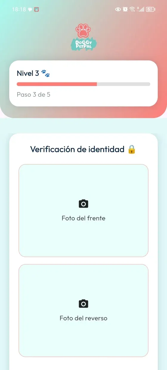 Onboarding PetPal, paso 3 de 5: Verificación de identidad con espacios vacíos para foto del frente y del reverso.