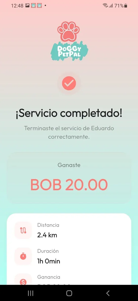 Resultado PetPal con Servicio completado, distancia, duración y ganancia del ejemplo.