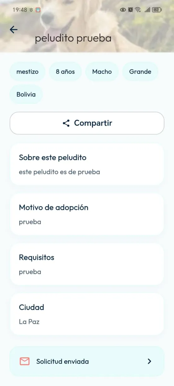Ficha del mismo peludito después del envío con el acceso Solicitud enviada.