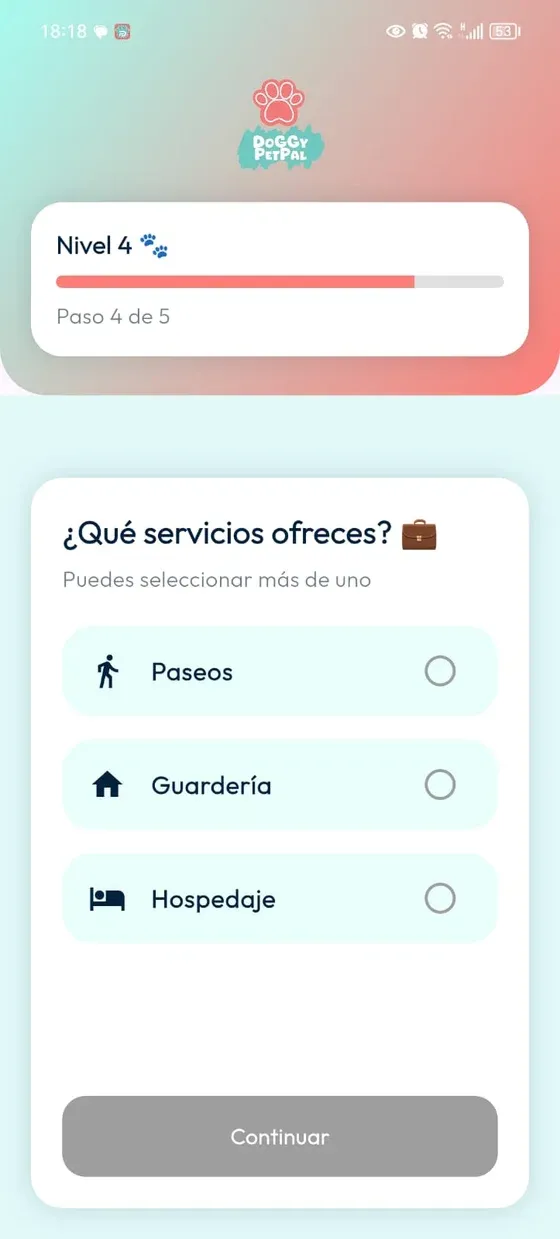Onboarding PetPal, paso 4 de 5: selección de Paseos, Guardería y Hospedaje.