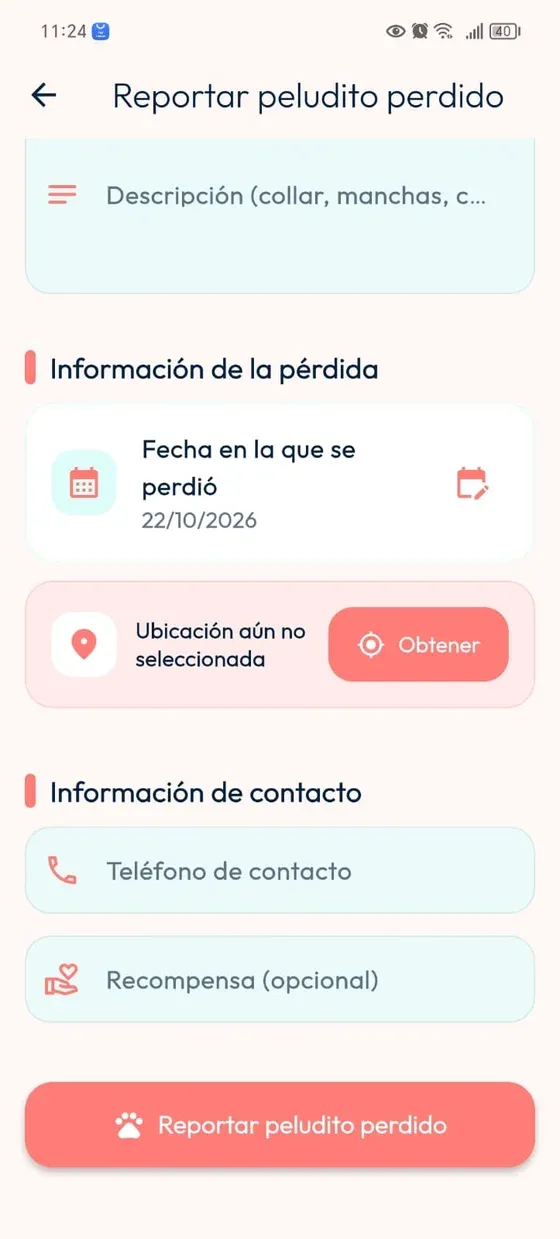 Formulario con ubicación aún no seleccionada, botón Obtener, teléfono de contacto y recompensa opcional.