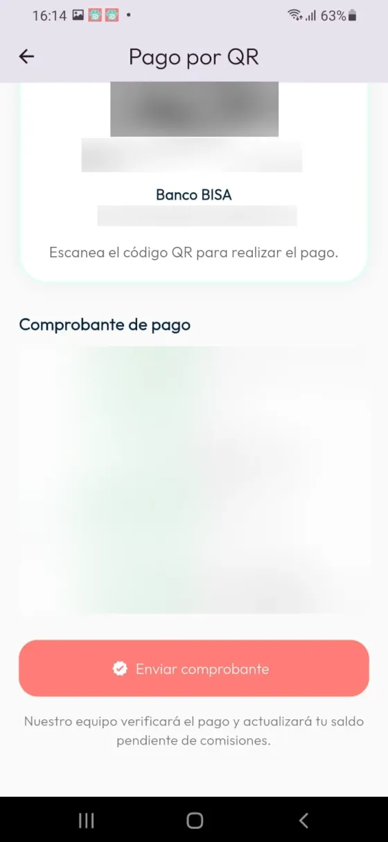 Comprobante adjunto completamente difuminado y botón Enviar comprobante habilitado.