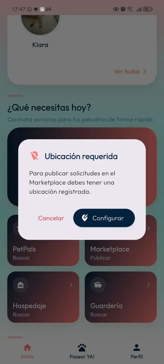 Aviso Ubicación requerida de DoGGyPetPal con las opciones Cancelar y Configurar.