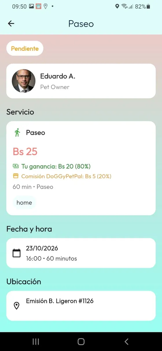 Paseo pendiente con Dueño, importe, fecha, hora y duración.