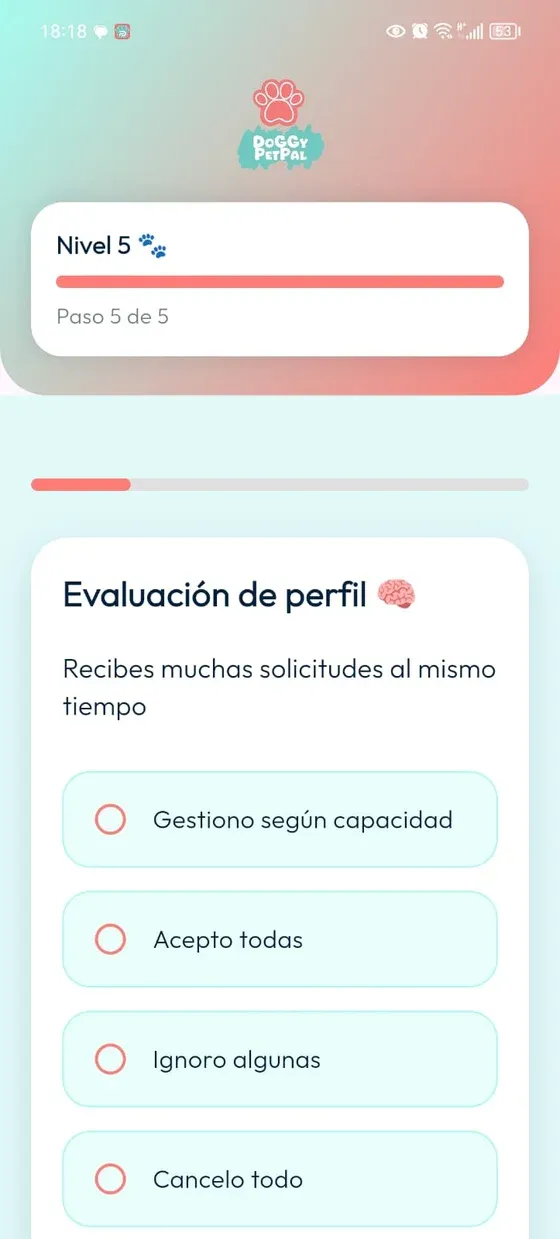 Onboarding PetPal, paso 5 de 5: Evaluación de perfil con una pregunta y respuestas sin seleccionar.