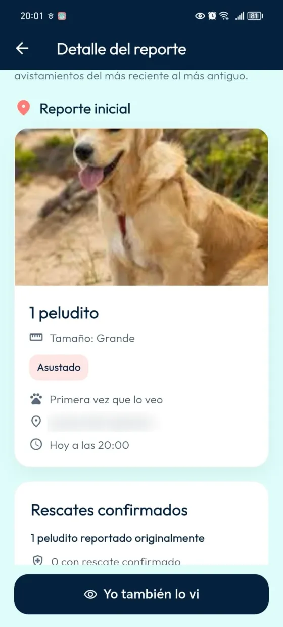 Detalle del caso con la tarjeta Reporte inicial, fotografía, características y hora.