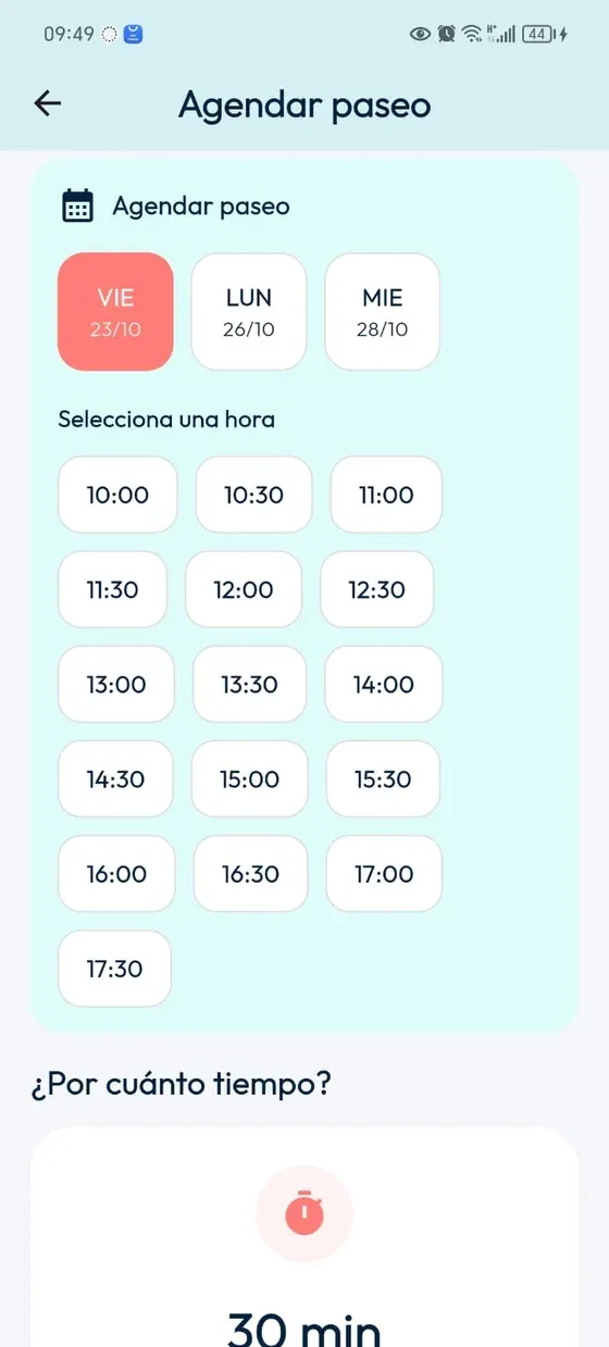 Agendar paseo: días disponibles y horarios para seleccionar.