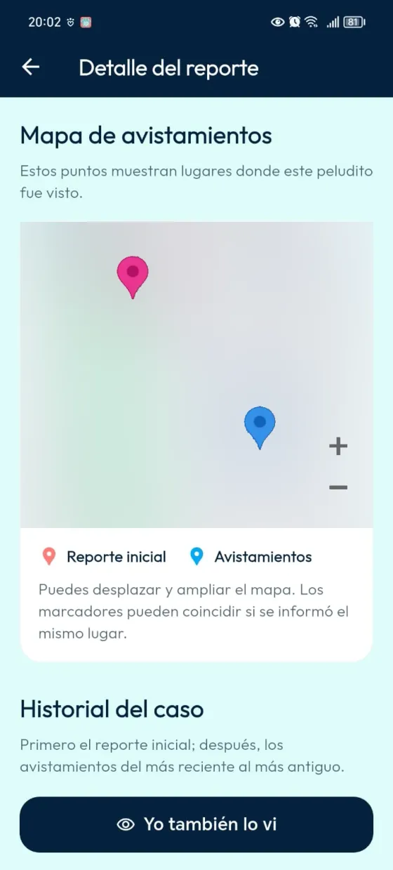 Mapa del caso con marcadores de reporte inicial y avistamientos, leyenda y controles; contenido geográfico difuminado.
