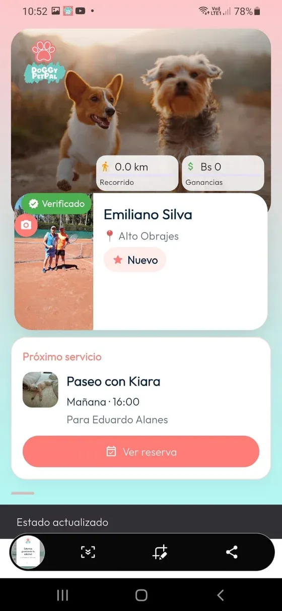 Home PetPal con Próximo servicio, fecha futura y botón Ver reserva.