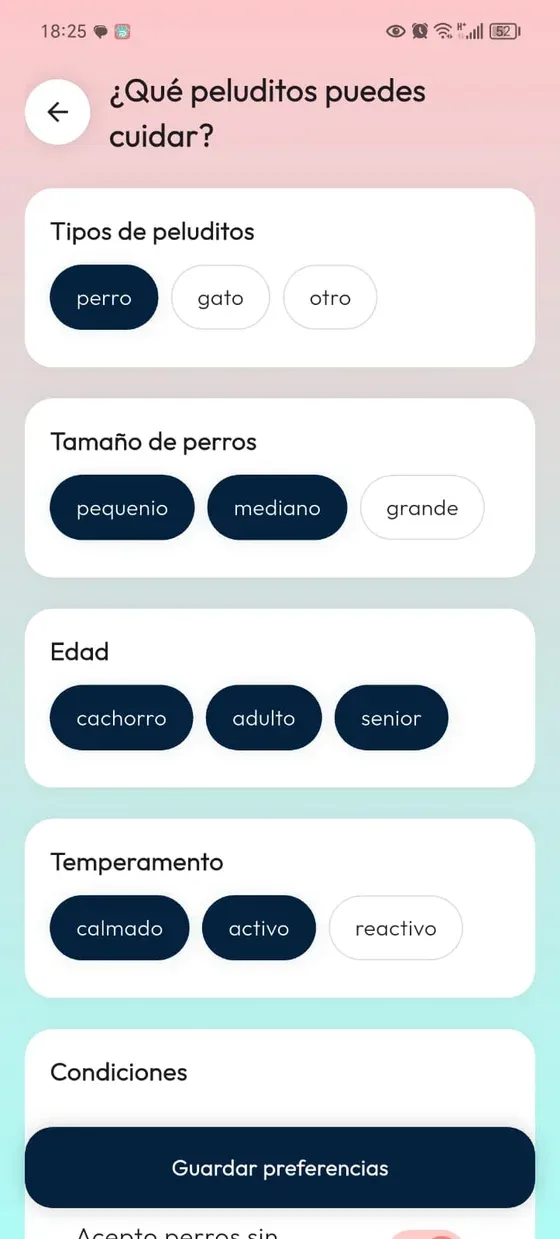 Preferencias PetPal: perro, gato u otro, tamaños de perros, edades y temperamento.
