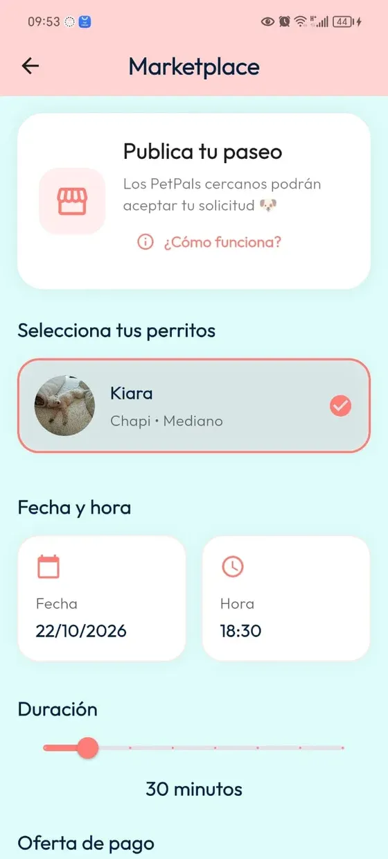 Marketplace, Publica tu paseo: peludito seleccionado, fecha, hora y duración.