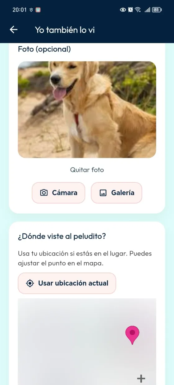 Fotografía adjunta al avistamiento con Quitar foto, Cámara y Galería.