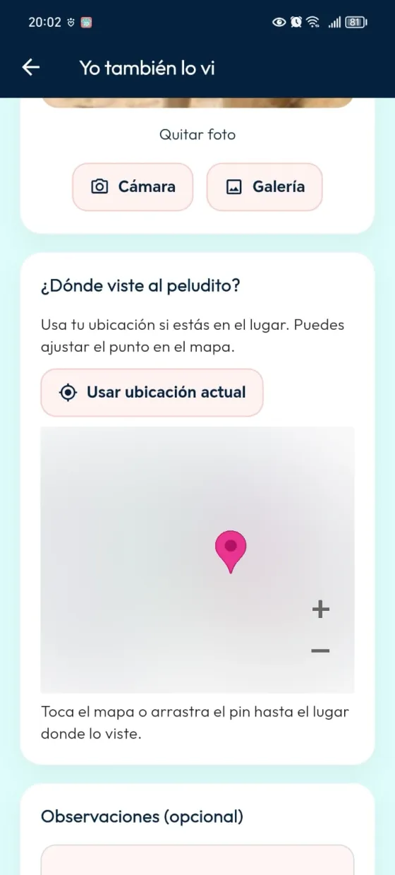 Formulario de ubicación del avistamiento con ubicación actual, marcador e instrucciones del mapa; geografía oculta.