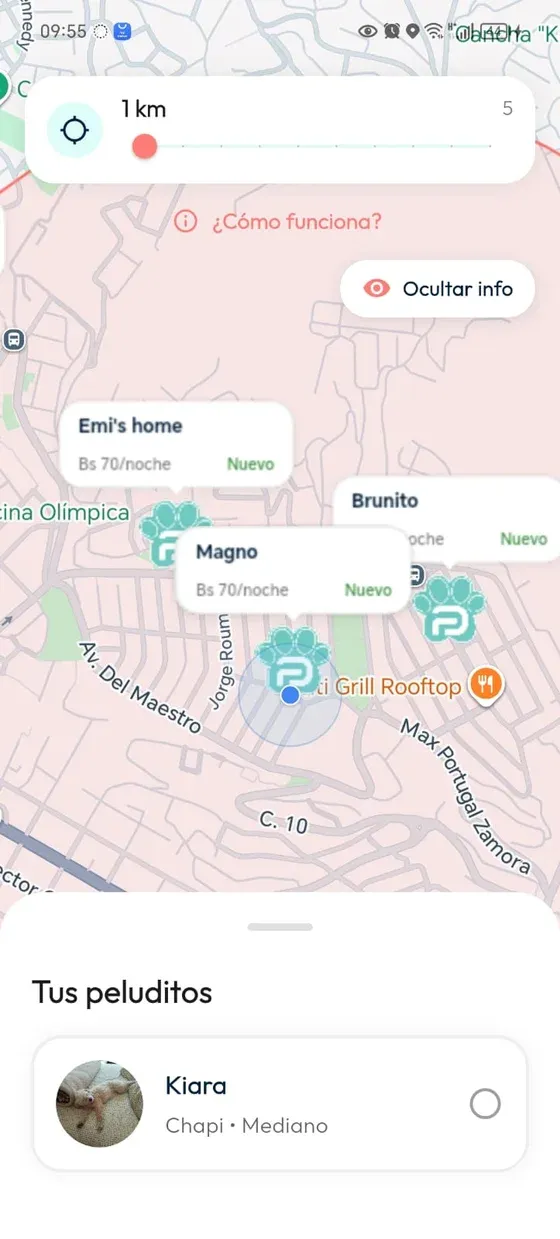 Búsqueda de hospedajes en mapa con radio, precios por noche y peludito para seleccionar.