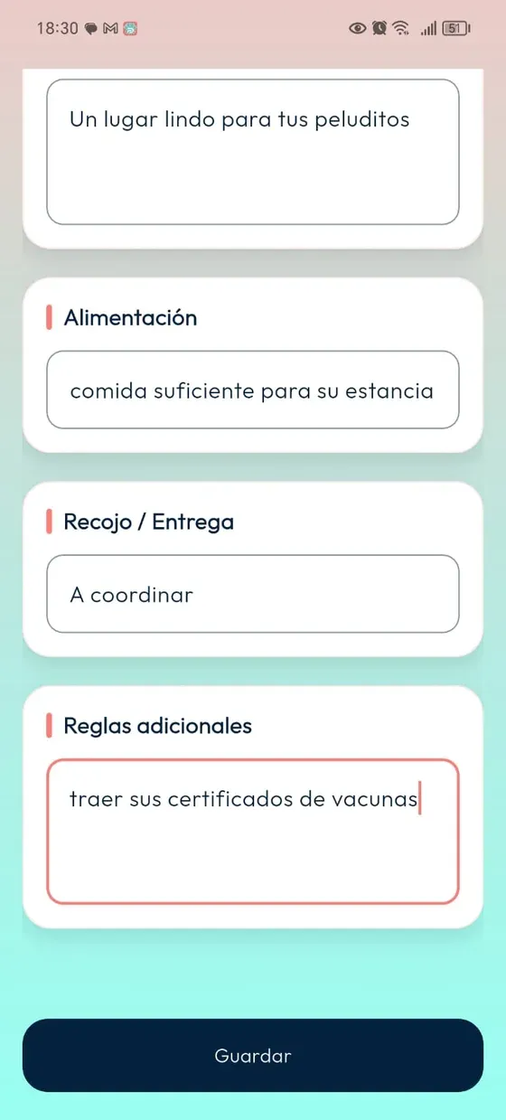 Condiciones de hospedaje con alimentación, recogida o entrega, reglas adicionales y botón Guardar.