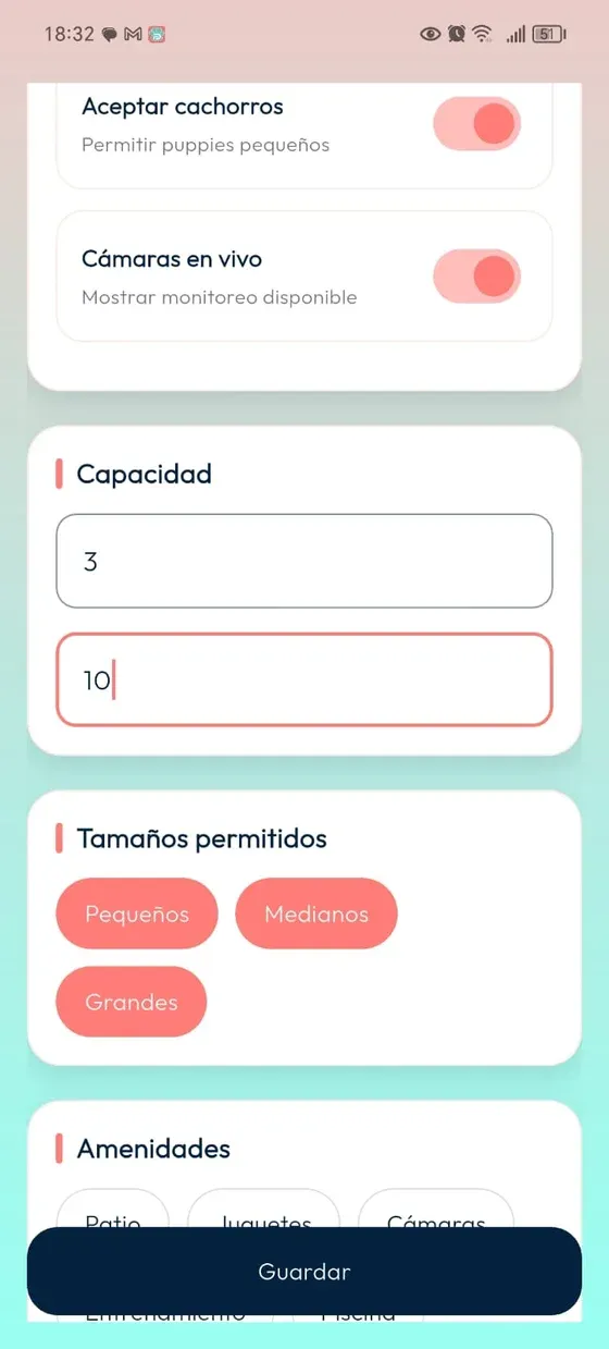 Guardería: sección Capacidad, tamaños permitidos y opciones de amenidades.