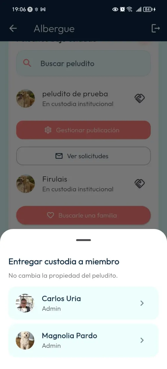 Panel Entregar custodia a miembro con integrantes del Albergue y aviso de que no cambia la propiedad.