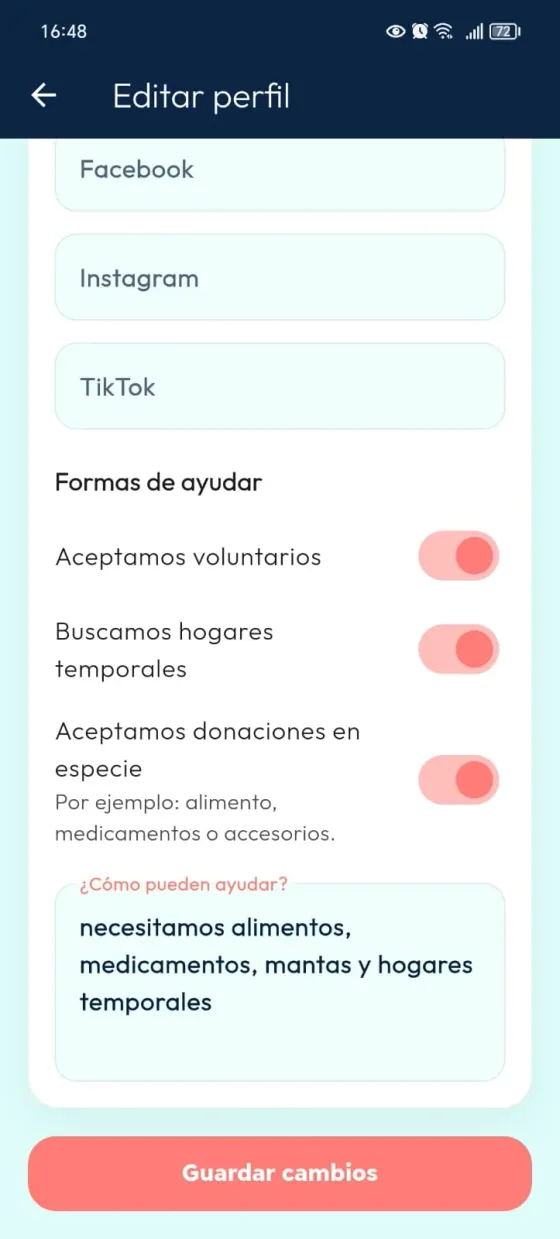 Edición de formas de ayudar con opciones de voluntariado, hogares temporales, donaciones y Guardar cambios.