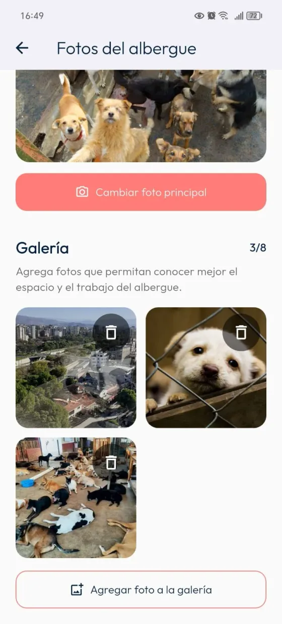 Fotos del albergue con Cambiar foto principal, galería, controles de eliminación y Agregar foto a la galería.