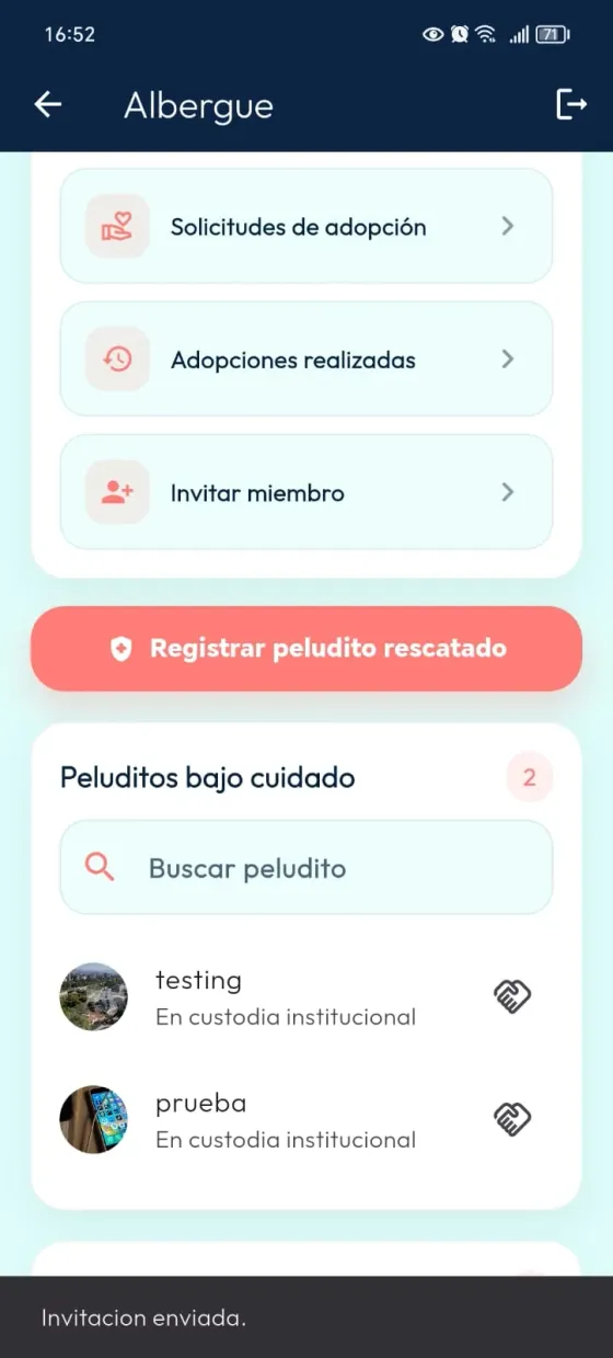 Pantalla del Albergue con mensaje inferior Invitación enviada.