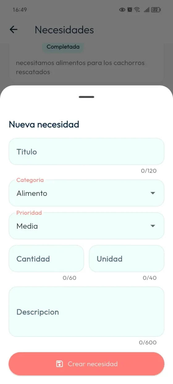 Formulario vacío Nueva necesidad con título, categoría, prioridad, cantidad, unidad, descripción y Crear necesidad.
