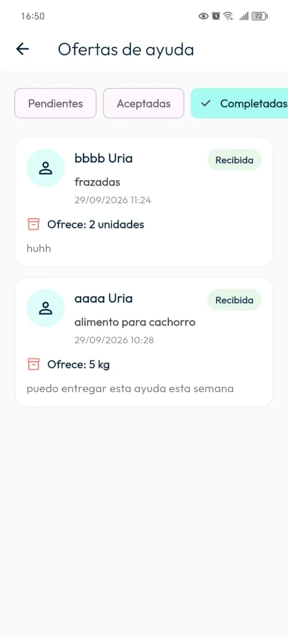 Pestaña Completadas con ofertas identificadas como Recibida.