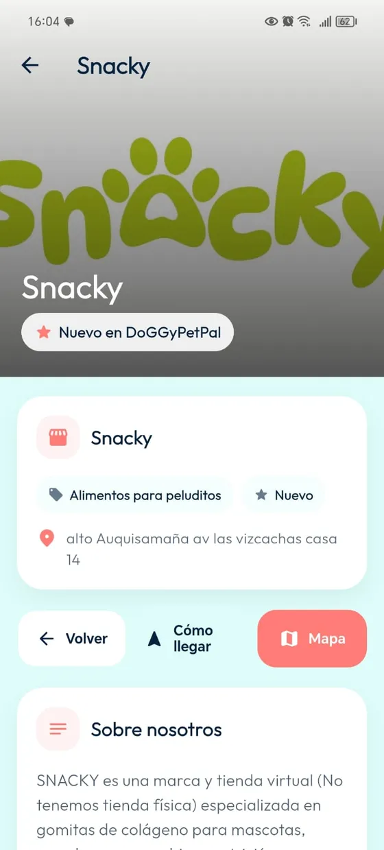 Vista de Dueños: perfil real de Snacky con fotografía, categorías, dirección y acceso al mapa.
