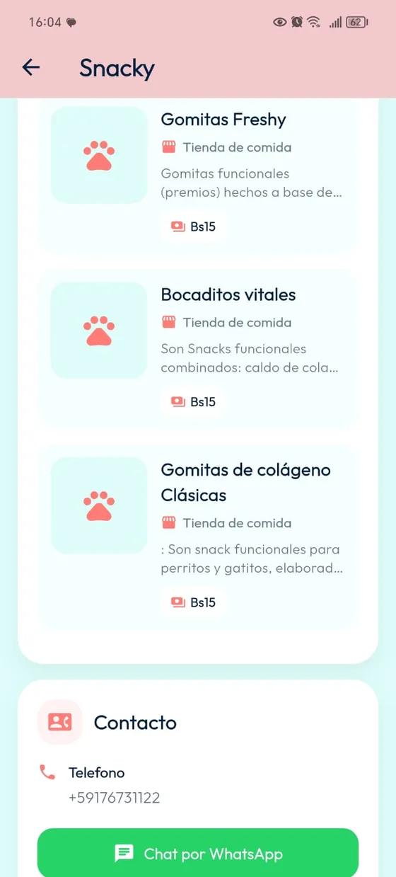 Vista de Dueños: servicios publicados de Snacky con descripciones, precios y acceso a contacto por WhatsApp.