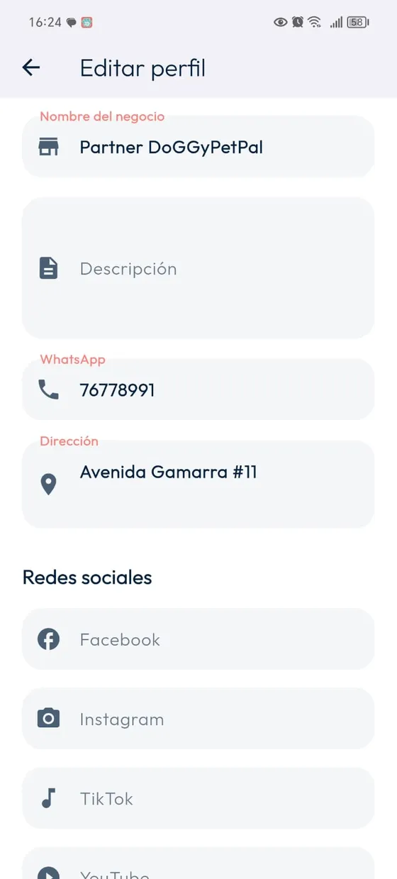 Editar perfil del negocio: descripción, WhatsApp, dirección y redes sociales.